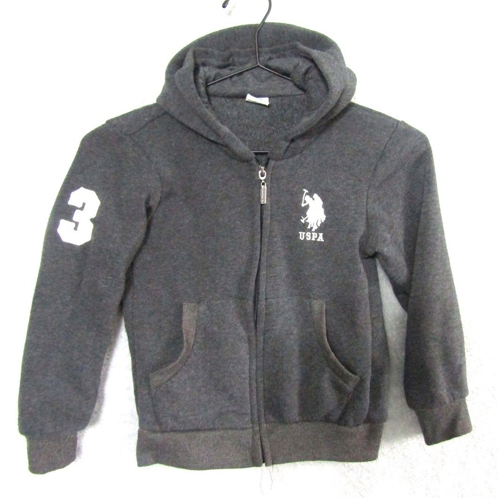 US Polo Assn Boys Charcoal Gray Full Zip Fleece Hoodie Sweatshirt Size 7 USPA